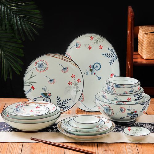 简约日韩式皮皮兔手绘印彩釉下陶瓷餐具 创意饭碗汤盘碟勺子家用